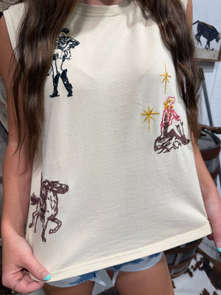 Western Cowgirl Embroidery Tank Top for Women | Cream Sleeveless Graphic Rodeo Tee - Barbwire n Bougie Boutique