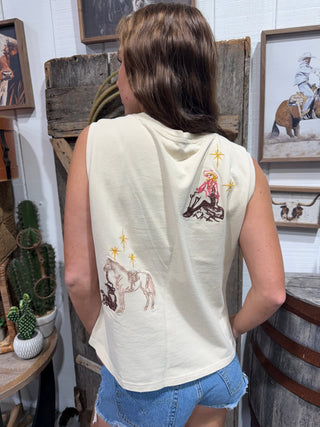 Western Cowgirl Embroidery Tank Top for Women | Cream Sleeveless Graphic Rodeo Tee - Barbwire n Bougie Boutique
