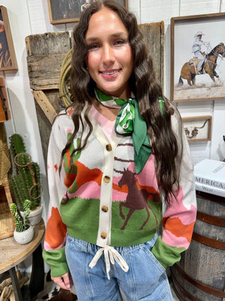 Western Desert Horse Cardigan Sweater | Beige Multi Cowboy Button-Up Knit - Barbwire n Bougie Boutique