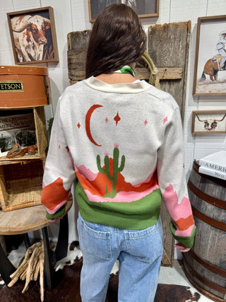Western Desert Horse Cardigan Sweater | Beige Multi Cowboy Button-Up Knit - Barbwire n Bougie Boutique