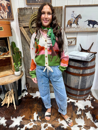 Western Desert Horse Cardigan Sweater | Beige Multi Cowboy Button-Up Knit - Barbwire n Bougie Boutique