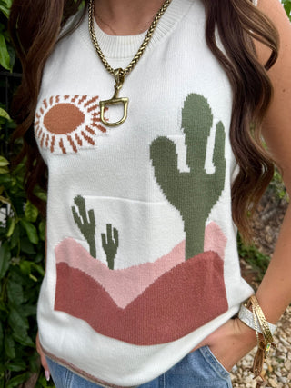 Western Desert Sweater Tank for Women | Cactus Sleeveless Knit Top - Barbwire n Bougie Boutique