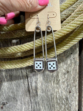 Western Dice Safety Pin Drop Earrings | Silver Cowgirl - Barbwire n Bougie Boutique