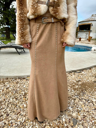 Western Elegance Suede Studded Mermaid Maxi Skirt – Camel - Barbwire n Bougie Boutique