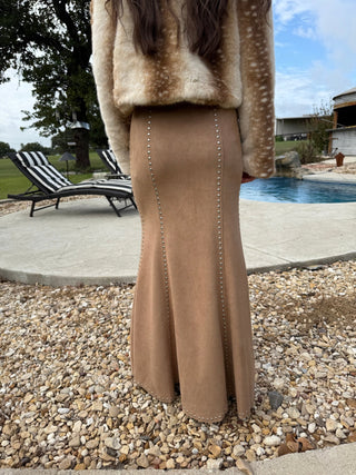 Western Elegance Suede Studded Mermaid Maxi Skirt – Camel - Barbwire n Bougie Boutique