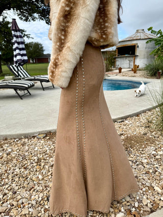 Western Elegance Suede Studded Mermaid Maxi Skirt – Camel - Barbwire n Bougie Boutique