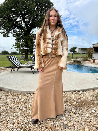 Western Elegance Suede Studded Mermaid Maxi Skirt – Camel - Barbwire n Bougie Boutique