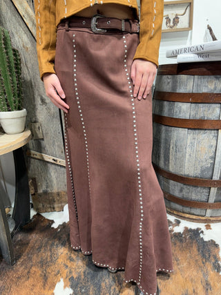 Western Elegance Suede Studded Mermaid Maxi Skirt – Chocolate - Barbwire n Bougie Boutique