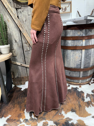 Western Elegance Suede Studded Mermaid Maxi Skirt – Chocolate - Barbwire n Bougie Boutique