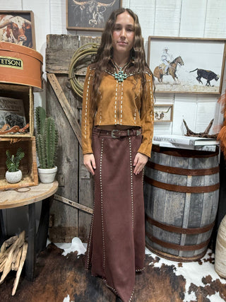 Western Elegance Suede Studded Mermaid Maxi Skirt – Chocolate - Barbwire n Bougie Boutique