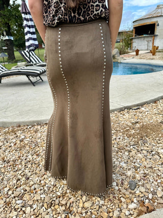 Western Elegance Suede Studded Mermaid Maxi Skirt – Olive - Barbwire n Bougie Boutique