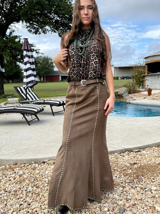 Western Elegance Suede Studded Mermaid Maxi Skirt – Olive - Barbwire n Bougie Boutique