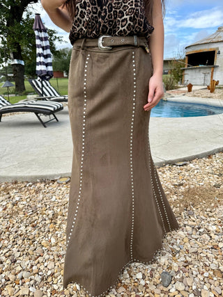 Western Elegance Suede Studded Mermaid Maxi Skirt – Olive - Barbwire n Bougie Boutique