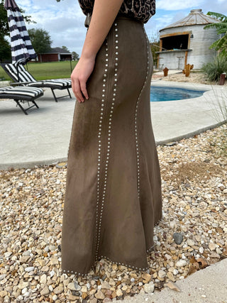Western Elegance Suede Studded Mermaid Maxi Skirt – Olive - Barbwire n Bougie Boutique