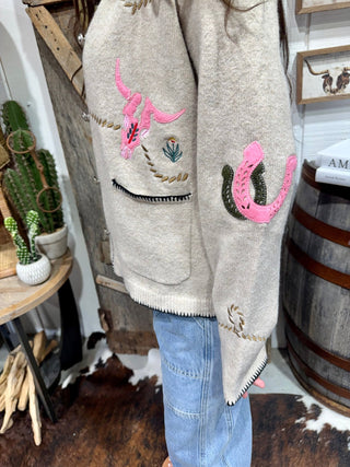 Western Embroidered Sweater Jacket | Oatmeal Button Front - Barbwire n Bougie Boutique