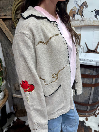 Western Embroidered Sweater Jacket | Oatmeal Button Front - Barbwire n Bougie Boutique