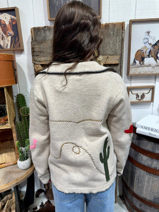 Western Embroidered Sweater Jacket | Oatmeal Button Front - Barbwire n Bougie Boutique