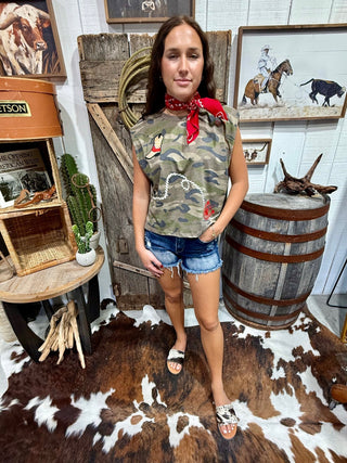 Western Embroidery Camo Rope & Cowboy Boot Muscle Tank - Barbwire n Bougie Boutique