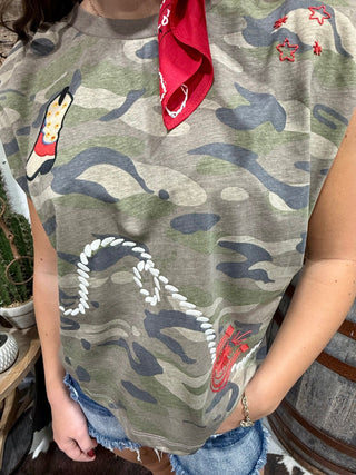 Western Embroidery Camo Rope & Cowboy Boot Muscle Tank - Barbwire n Bougie Boutique