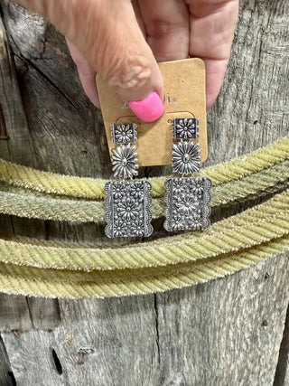 Western Floral Concho Drop Earrings | Silver Statement - Barbwire n Bougie Boutique