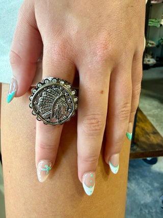 Western Headdress Statement Ring | Vintage Rhinestone Adjustable Cowgirl Ring - Barbwire n Bougie Boutique