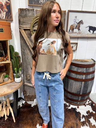 Western Hereford Cow Boxy Muscle Tee for Women | Neutral Cowgirl Graphic Tank Top - Barbwire n Bougie Boutique