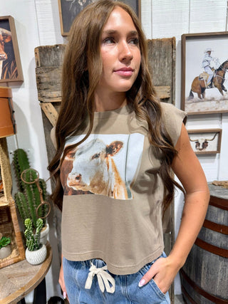 Western Hereford Cow Boxy Muscle Tee for Women | Neutral Cowgirl Graphic Tank Top - Barbwire n Bougie Boutique