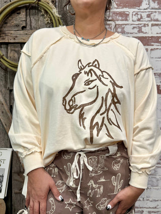 Western Horse Print High Low Pullover – Cozy Cowgirl Style - Barbwire n Bougie Boutique
