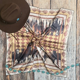 Western Horse Print Wild Rag Scarf – 36” x 36” Neutral Diamond Border Cowgirl Scarf - Barbwire n Bougie Boutique