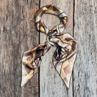 Western Horse Print Wild Rag Scarf – 36” x 36” Neutral Diamond Border Cowgirl Scarf - Barbwire n Bougie Boutique