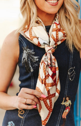 Western Horse Wild Rag Scarf | Horseshoe & Rope Print Satin Cowgirl Scarf - Barbwire n Bougie Boutique