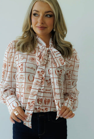 Western Howdy Print Tie Neck Blouse for Women | Vintage Cowgirl Bow Top - Barbwire n Bougie Boutique