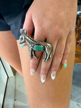 Western Jackass Tibetan Silver Ring with Turquoise | Adjustable Artisan Donkey Statement Ring - Barbwire n Bougie Boutique