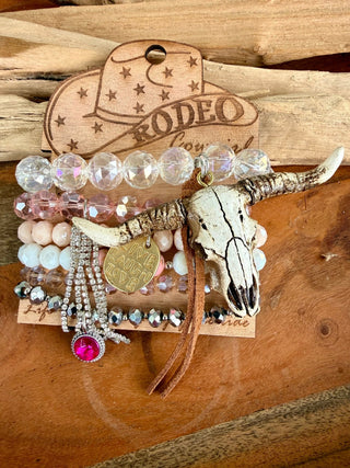 Western Longhorn Charm Bracelet Stack | Pink Cowgirl Beaded Stretch Bracelets - Barbwire n Bougie Boutique
