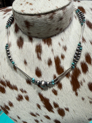 Western Navajo-Style Sterling Silver Pearl Necklace with Turquoise Accents | Layered Bar Bead Design-18” - Barbwire n Bougie Boutique