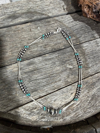 Western Navajo-Style Sterling Silver Pearl Necklace with Turquoise Accents | Layered Bar Bead Design-18” - Barbwire n Bougie Boutique
