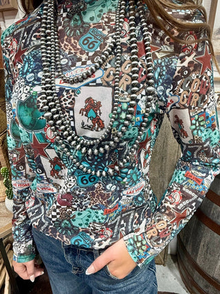 Western NFR Vegas Mesh Mock Neck Top - Barbwire n Bougie Boutique