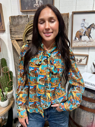 Western Pop Art Tie Neck Sheer Blouse for Women | Retro Cowboy Print Top- Howdy Hanny - Barbwire n Bougie Boutique