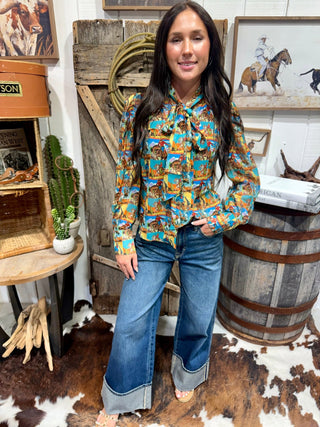 Western Pop Art Tie Neck Sheer Blouse for Women | Retro Cowboy Print Top- Howdy Hanny - Barbwire n Bougie Boutique