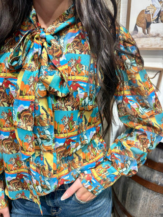 Western Pop Art Tie Neck Sheer Blouse for Women | Retro Cowboy Print Top- Howdy Hanny - Barbwire n Bougie Boutique