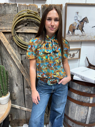 Western Pop Art Tie Neck Sheer Blouse for Women | Retro Cowboy Print Top- Howdy Hanny Short Sleeve - Barbwire n Bougie Boutique