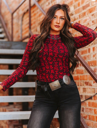 Western Red Cattle Brand Print Mesh Long Sleeve Top | Cowgirl Statement Layering Shirt - Barbwire n Bougie Boutique
