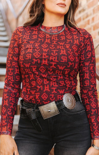 Western Red Cattle Brand Print Mesh Long Sleeve Top | Cowgirl Statement Layering Shirt - Barbwire n Bougie Boutique