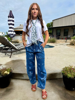 Western Rodeo Print Barrel Leg Jeans for Women | High Rise Cowboy Graphic Denim Pants- FINAL SALE - Barbwire n Bougie Boutique