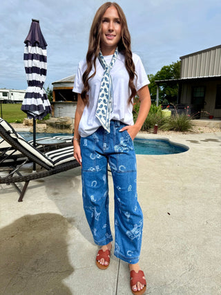 Western Rodeo Print Barrel Leg Jeans for Women | High Rise Cowboy Graphic Denim Pants- FINAL SALE - Barbwire n Bougie Boutique