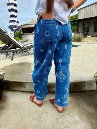 Western Rodeo Print Barrel Leg Jeans for Women | High Rise Cowboy Graphic Denim Pants- FINAL SALE - Barbwire n Bougie Boutique