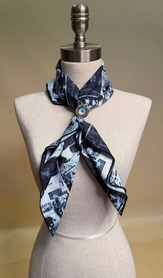 Western Rodeo Scene Wild Rag Scarf – 28” x 28” Black & White Cowboy Print - Barbwire n Bougie Boutique
