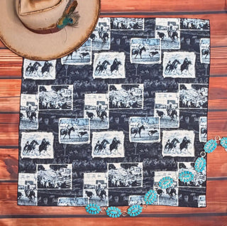 Western Rodeo Scene Wild Rag Scarf – 28” x 28” Black & White Cowboy Print - Barbwire n Bougie Boutique
