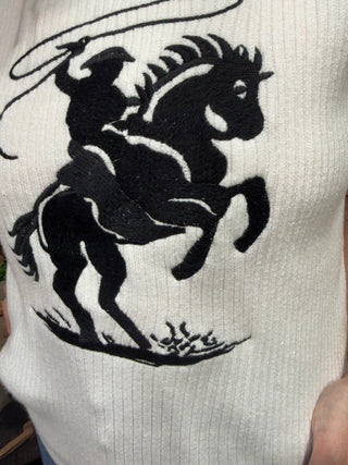 Western Roping Horse Sweater Vest for Women – Black & White Cowboy Knit Sleeveless Top - Barbwire n Bougie Boutique