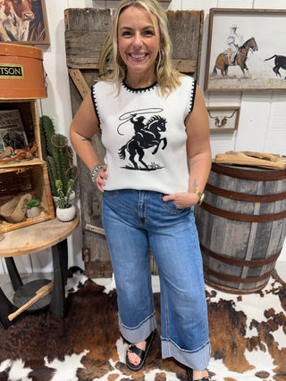 Western Roping Horse Sweater Vest for Women – Black & White Cowboy Knit Sleeveless Top - Barbwire n Bougie Boutique